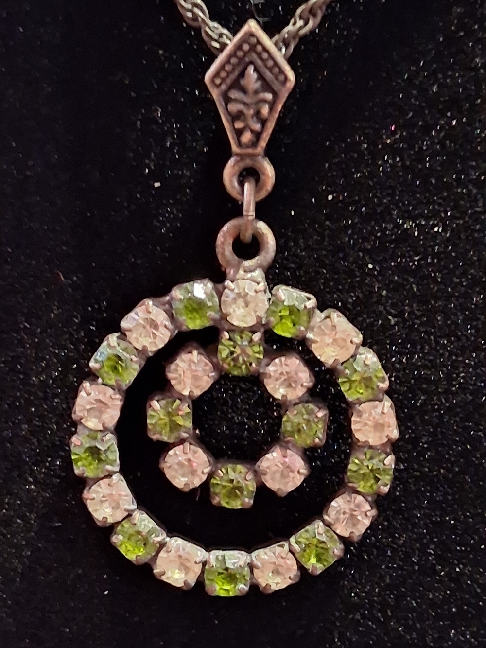 Vintage-Inspired Clear and Green Crystal Circle Pendant Necklace